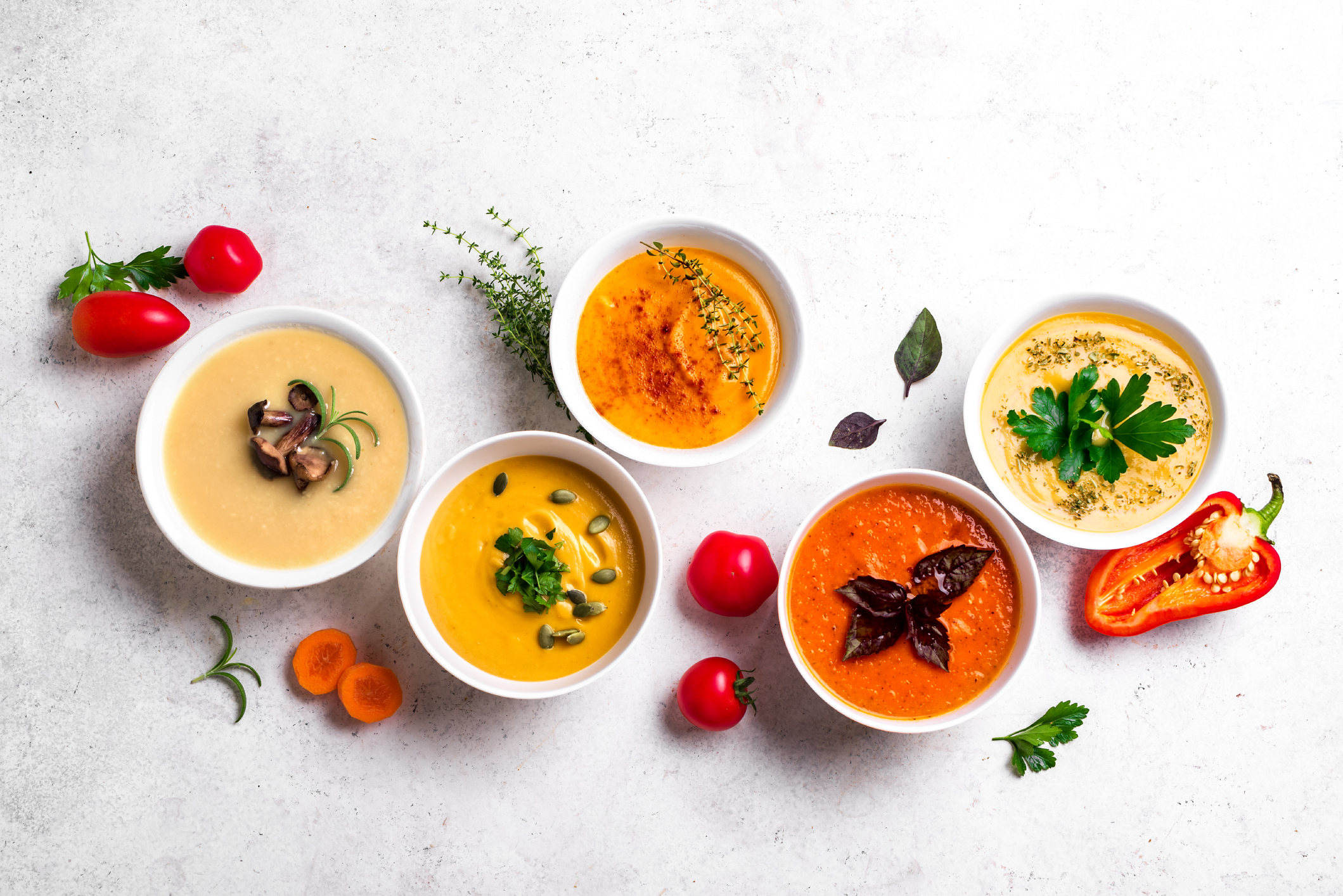 Vegetable soups on a table